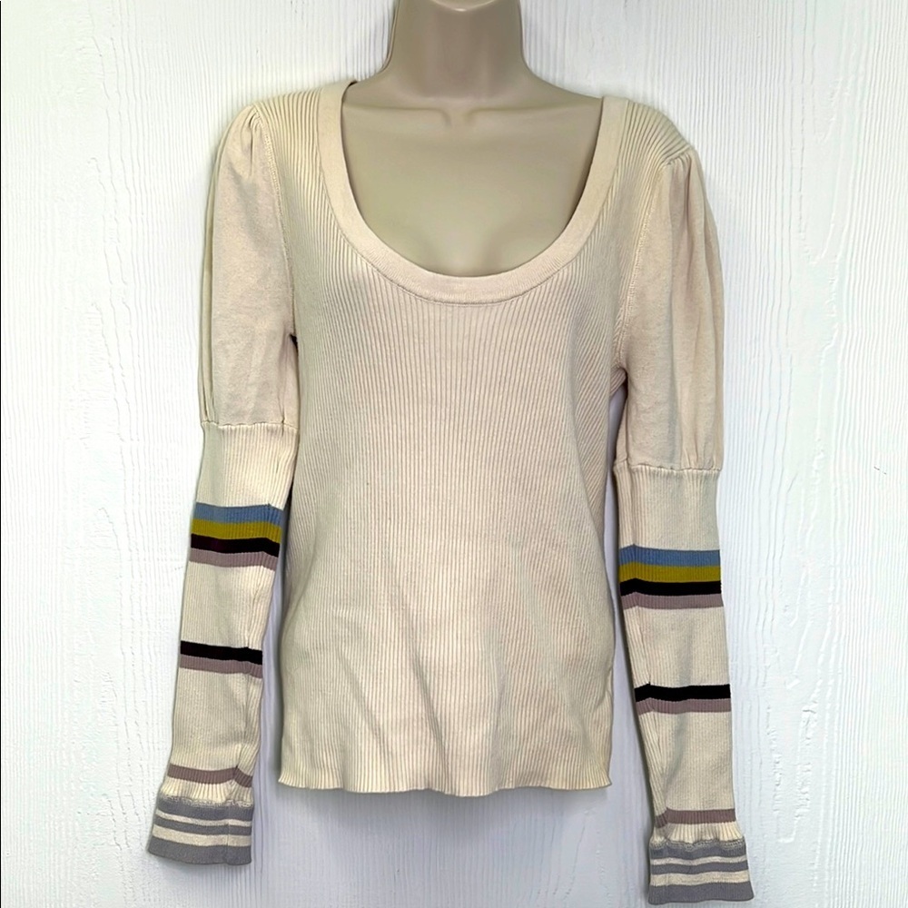 Free People - Cream Ribbed Scoop Neck Stripe Colorful Sleeve Sweater Size Med